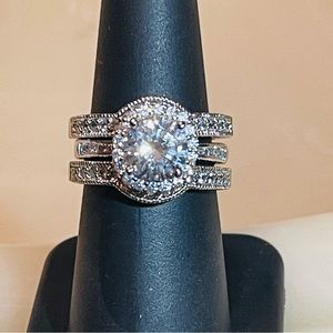 💍Incredible Milgrain 3-Ring Halo Solitaire 925 Sterling Silver Wedding Set!